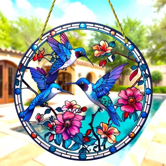 Suncatcher Hummingbird Flowers Hanging Window Decor Art Colorful In/Outdoor - Picture 2 of 4